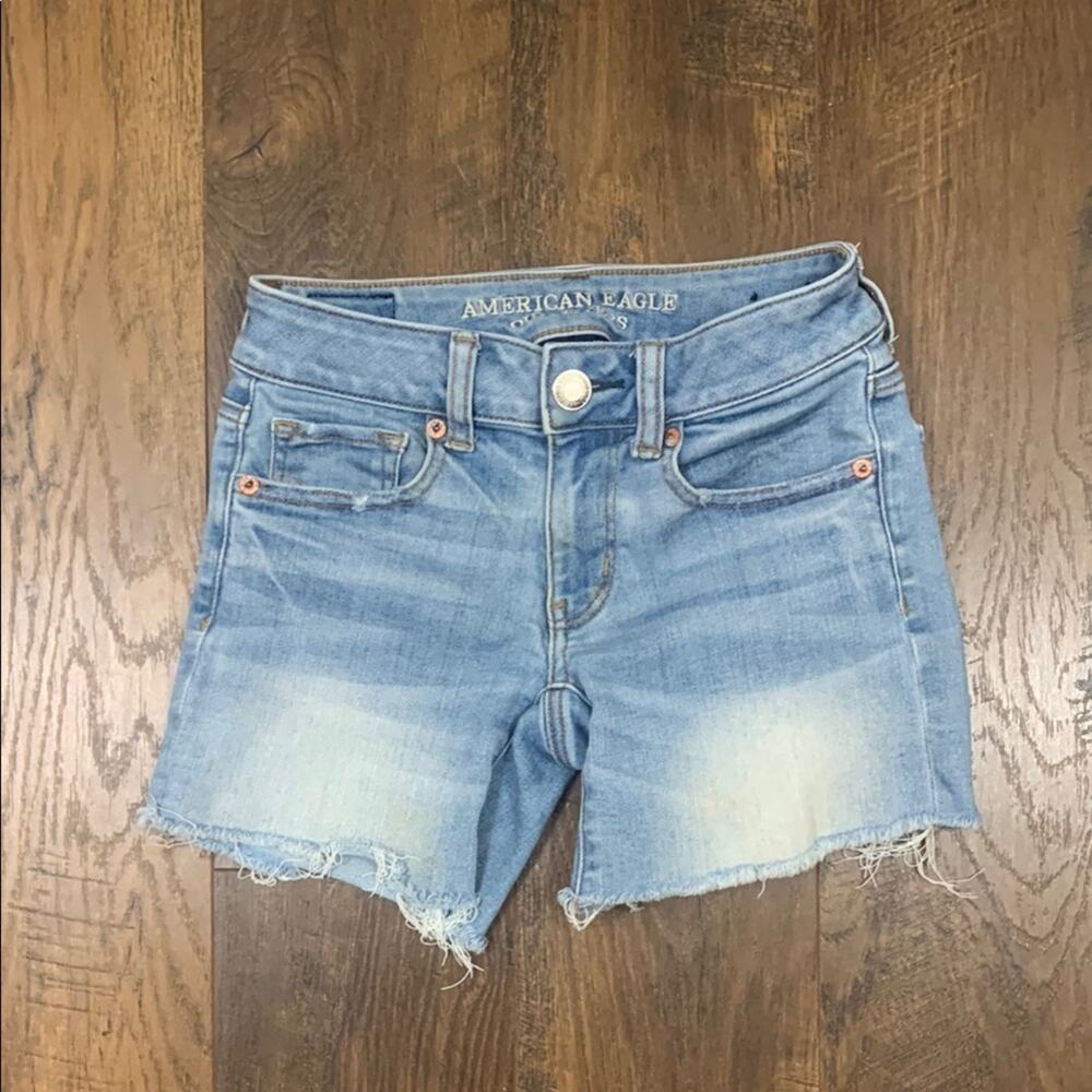 American Eagle Denim Super Super Stretch Midi Cutoff Jean Shorts